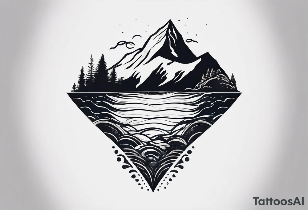This is a minimalistic tattoo that is split into 2 sections; a top half and a bottom half. The top half is a mountain in Norway with a mountain bike trail winding down the mountain. The bottom half of the tattoo depicts an underwater scene featuring water, and sea life. tattoo idea