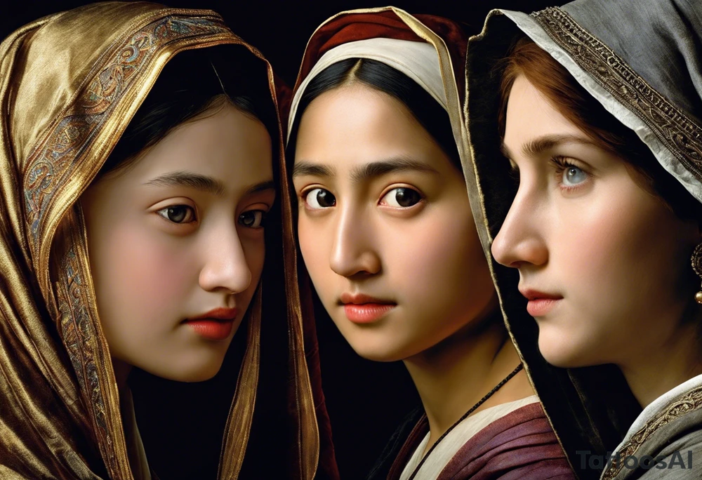 Three women's faces next to each other. The woman on the left is still a girl about 13 years old, the woman in the middle is about 40 years old and the one on the right is about 75 years old. The woman in the middle is looking at the bearer. The other two are looking at the woman in the middle. tattoo idea