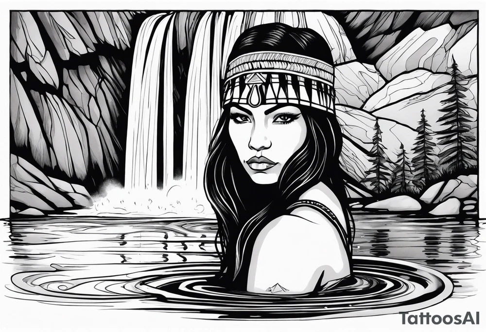 A native American Indian woman by a waterfall she is Aquarius water barrer she has tattoos and her eyes can see right through you tattoo idea