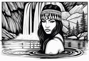 A native American Indian woman by a waterfall she is Aquarius water barrer she has tattoos and her eyes can see right through you tattoo idea