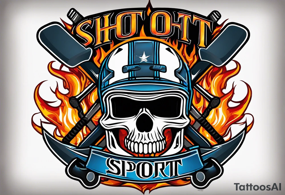 puck with crossed hockey sticks in the background and flames that says "SHOT SPORTS" tattoo idea