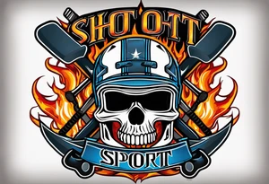 puck with crossed hockey sticks in the background and flames that says "SHOT SPORTS" tattoo idea