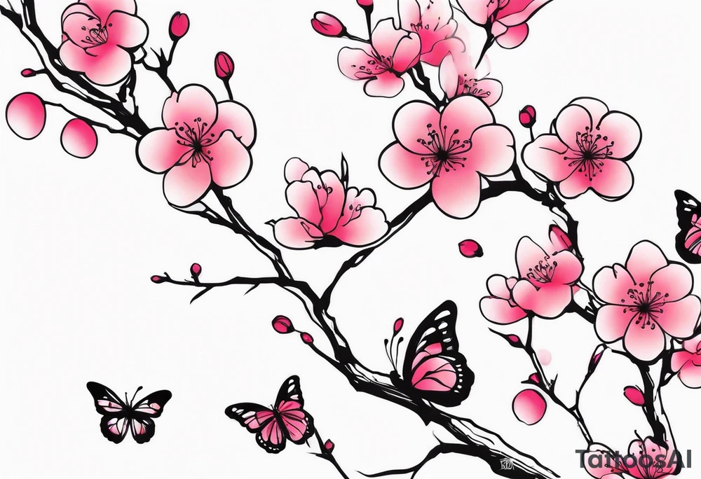 Vibrant, pink plum blossom branches with butterflies tattoo idea
