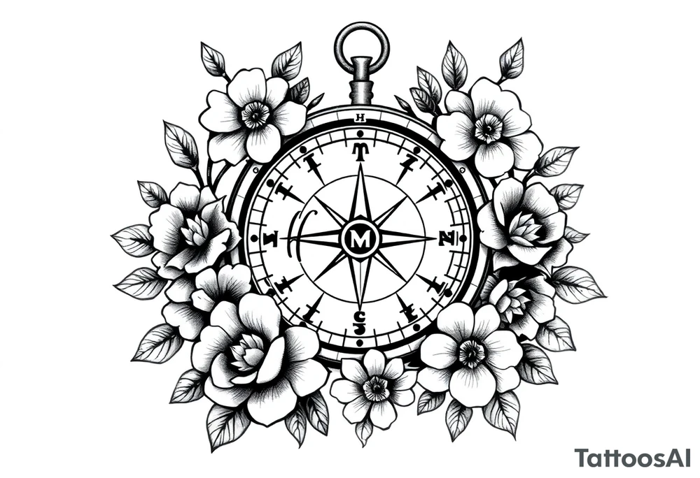 Compass surrounded with flowers cursive letters tattoo idea