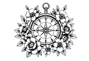 Compass surrounded with flowers cursive letters tattoo idea