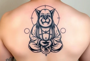 Meditating fat Buddha with happy dog head tattoo idea