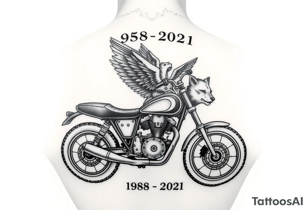 the year 1958 - 2021 with a motorcycle on it with guardian angel wolves tattoo idea