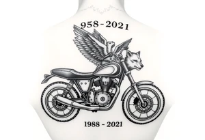 the year 1958 - 2021 with a motorcycle on it with guardian angel wolves tattoo idea