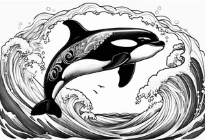 transient orca, Japanese realism, flowing, waves and kelp highlights tattoo idea