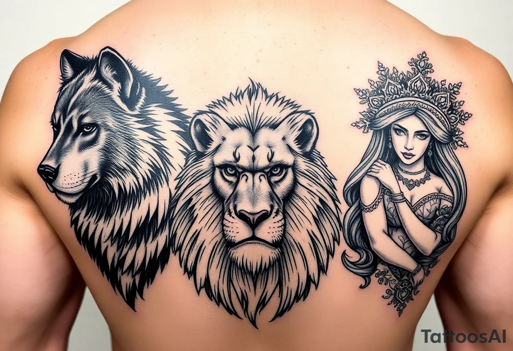 Wolf, gorilla lion and a princess tattoo idea
