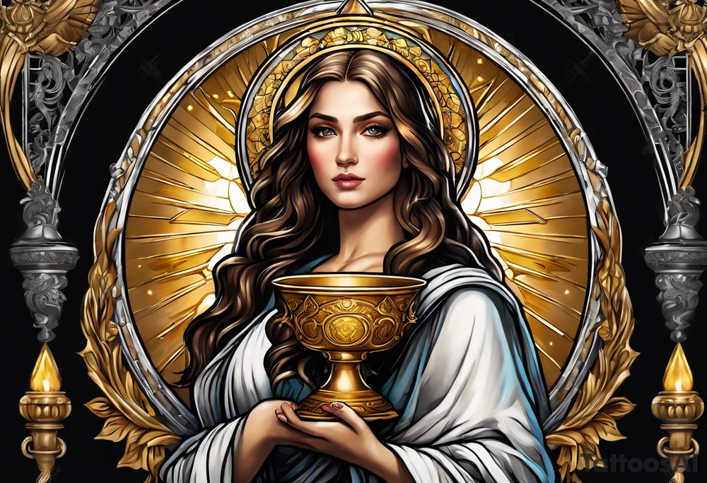 woman saint holding chalice surrounded by golden halo portrait tattoo idea