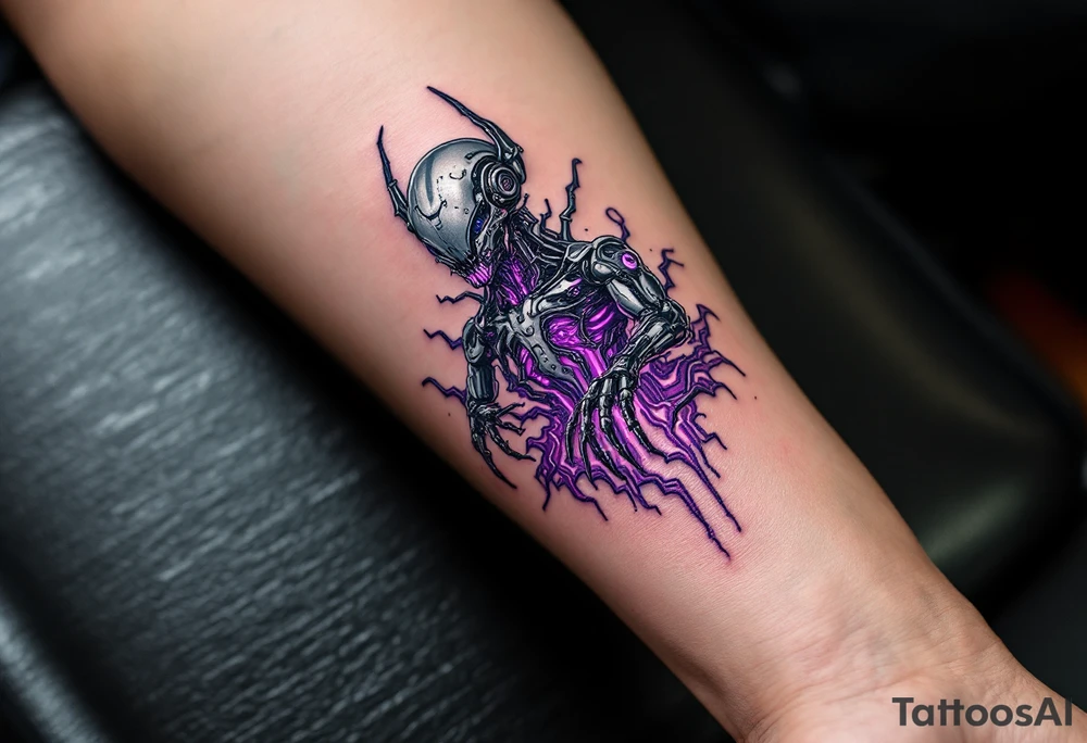 A biomechanical structure crawling up from the palm in brushed aluminum, surrounded by glowing violet circuitry and torn muscle detail. tattoo idea