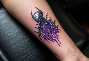 A biomechanical structure crawling up from the palm in brushed aluminum, surrounded by glowing violet circuitry and torn muscle detail. tattoo idea