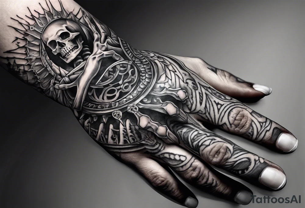 Hand of nurse reaching for skeleton hand. tattoo idea
