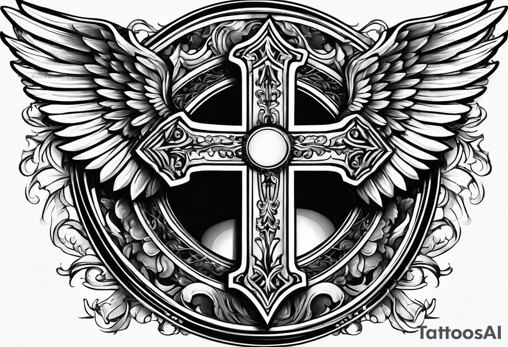 Cross with wings and a halo tattoo idea