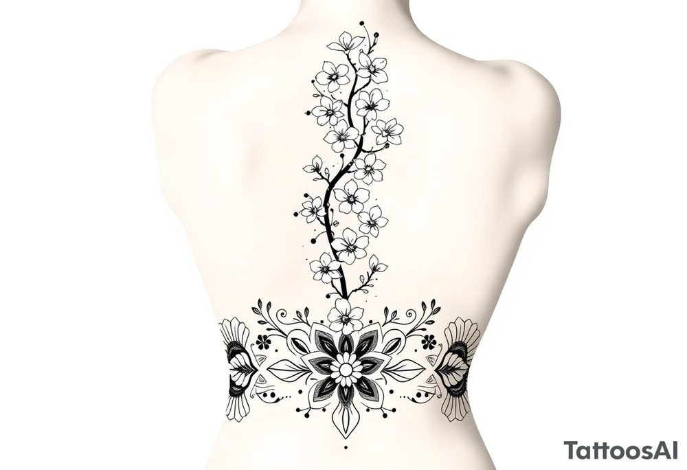 A detailed and elegant tattoo design for the spine, incorporating a vertical flow of cherry blossoms with delicate petals and branches. The lower back features symmetrical ornamental elements inspired by tribal and decorative patterns, seamlessly blending into the floral motif. The design uses fine linework, intricate dotwork, and soft curves that follow the natural contours of the body, creating a feminine and cohesive piece. The overall aesthetic is balanced, with a mix of bold ornamental elements at the lower back and light, airy floral accents along the spine. tattoo idea