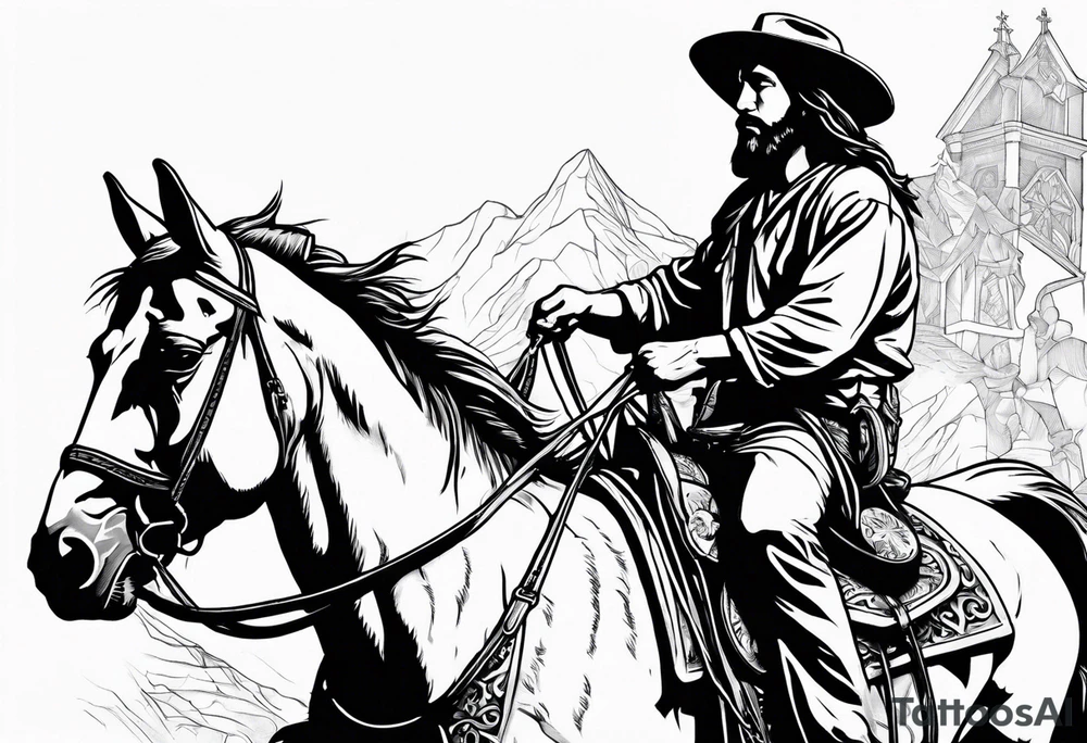 Jesus with three crosses at the bottom and a cowboy riding a horse tattoo idea