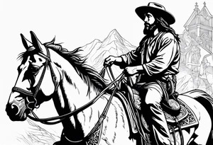 Jesus with three crosses at the bottom and a cowboy riding a horse tattoo idea