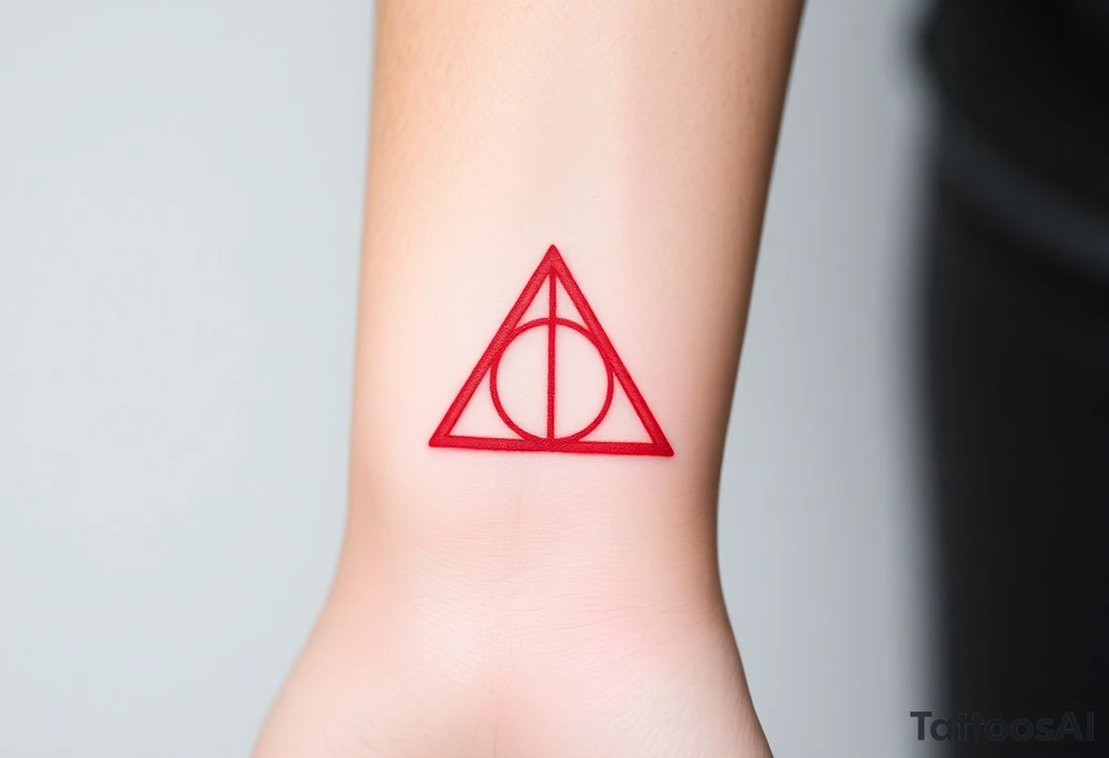 A minimalist Deathly Hallows  full symbol outline in red ink tattoo idea