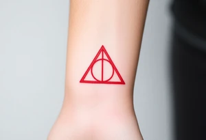 A minimalist Deathly Hallows  full symbol outline in red ink tattoo idea