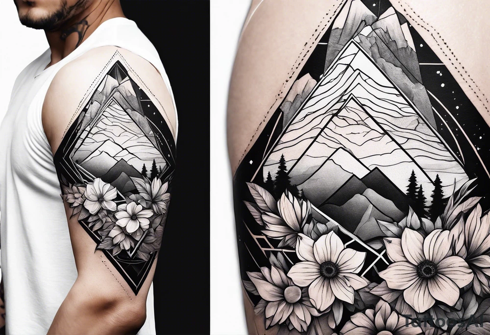 A geometric half sleeve with flowers and a mountain tattoo idea