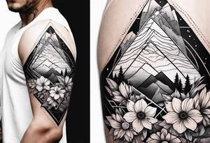 A geometric half sleeve with flowers and a mountain tattoo idea