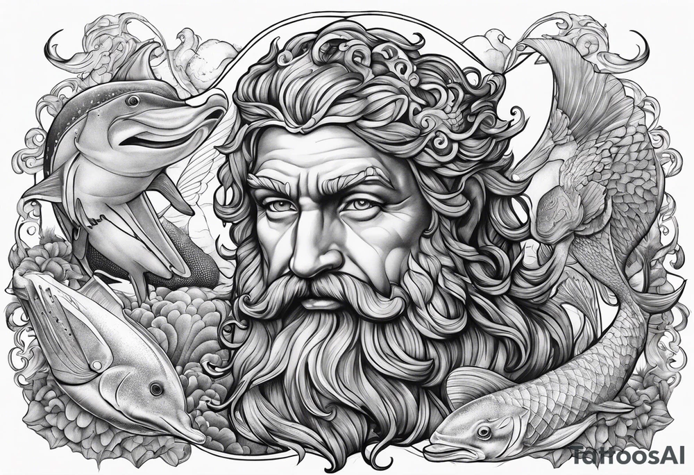 ocean animals with Poseidon tattoo idea
