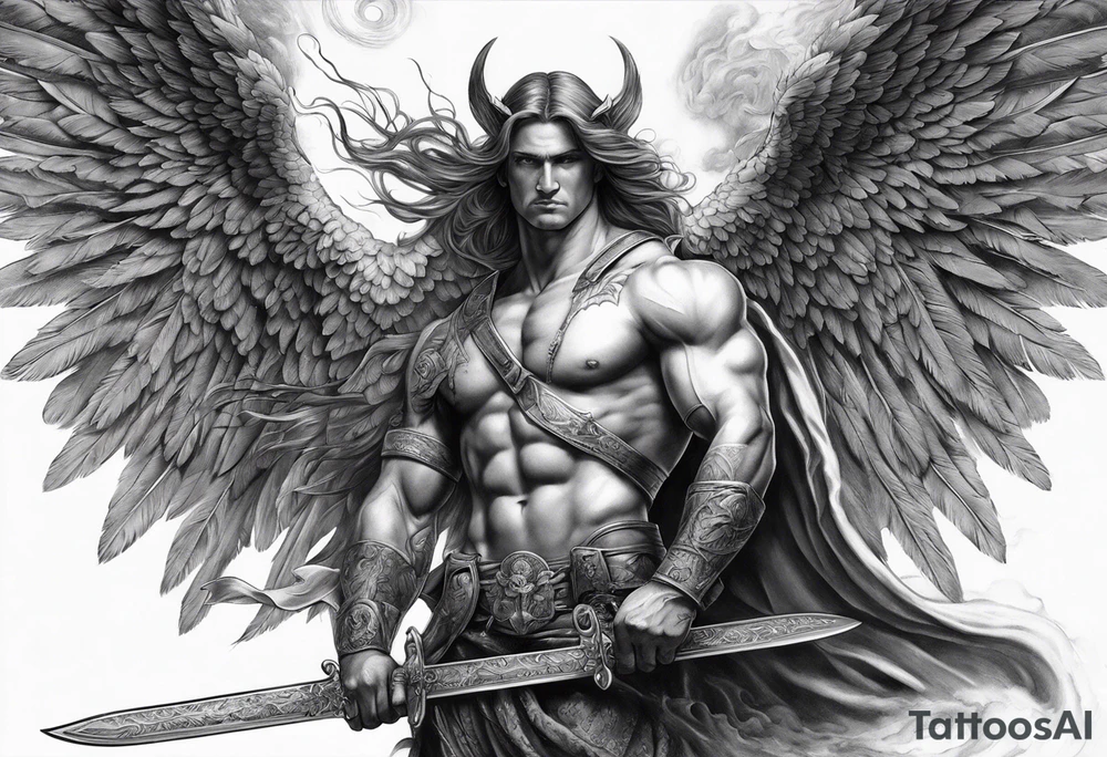 Male American guardian angel with a sword and possessed angel from hell combined together tattoo idea