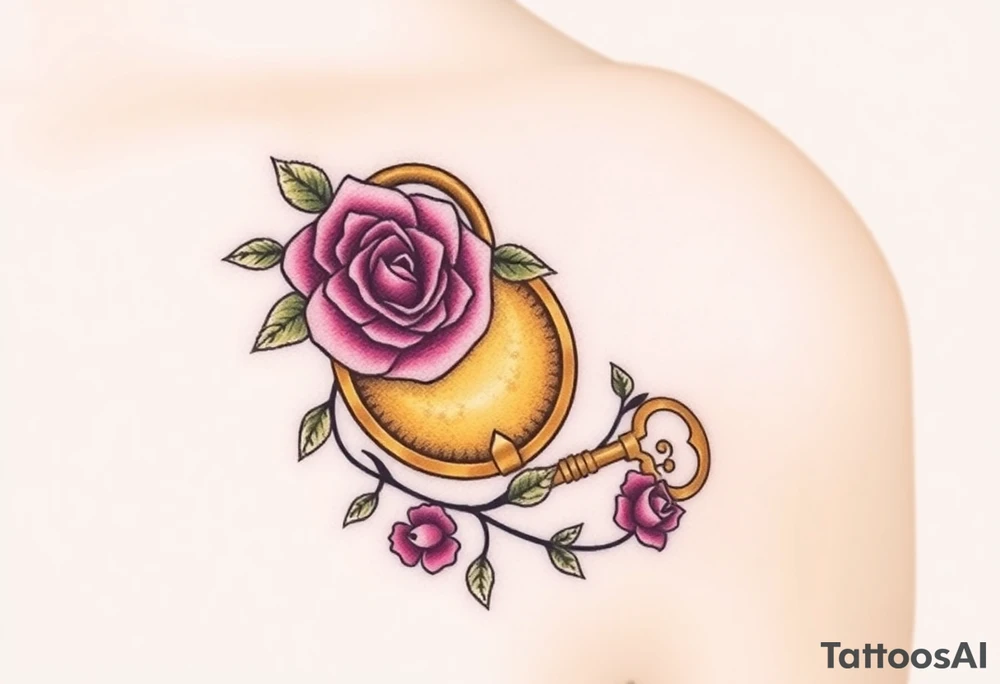 A rose-covered golden lock with a floral-shaped key lying nearby the lock, with vines wrapping gently around them tattoo idea