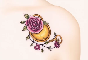 A rose-covered golden lock with a floral-shaped key lying nearby the lock, with vines wrapping gently around them tattoo idea