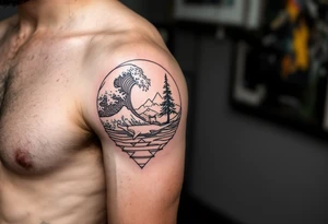 Fine line powerful ocean half sleeve with a wave, a whale, a Joshua tree, and a dog as separate elements connected by geometric patterns tattoo idea