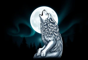 lone wolf howling at full moon with northern lights backdrop tattoo idea