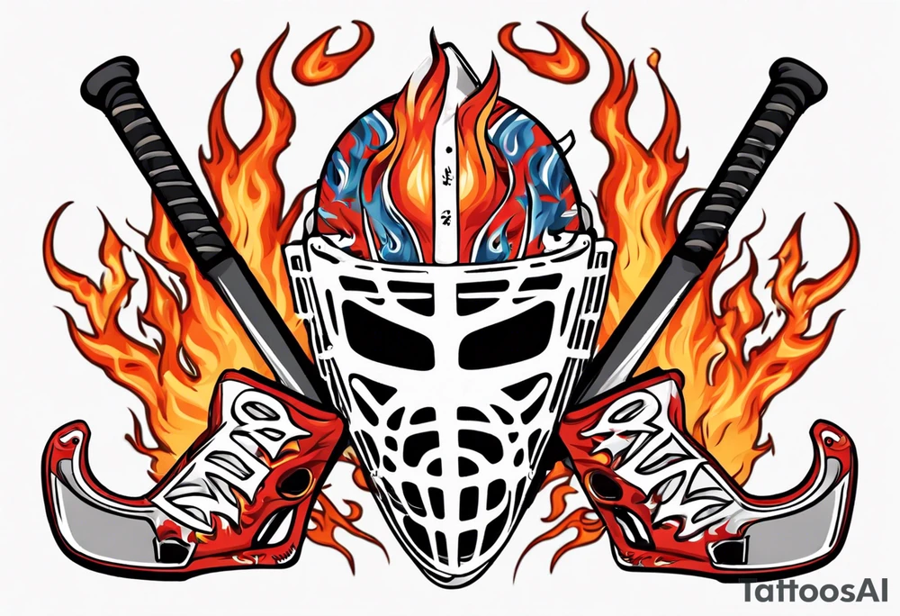 a goalie mask with crossed hockey sticks and flames that says "SHOT HOCKEY" tattoo idea