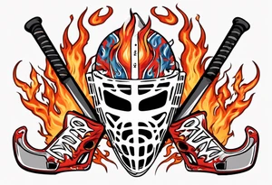 a goalie mask with crossed hockey sticks and flames that says "SHOT HOCKEY" tattoo idea