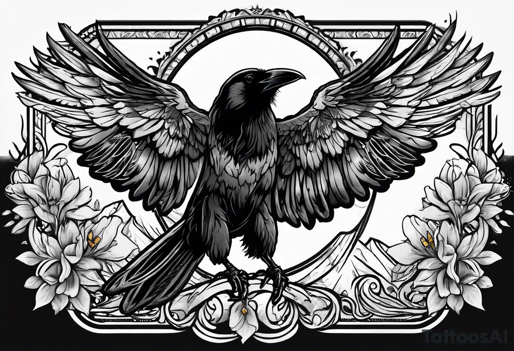 Inside a stamp, small raven, “may angels lead you in” tattoo idea