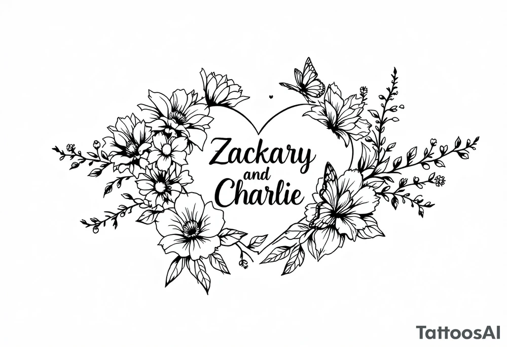 flowers, heart and butterfly with name Zackary and Charlie tattoo idea