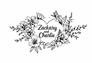 flowers, heart and butterfly with name Zackary and Charlie tattoo idea