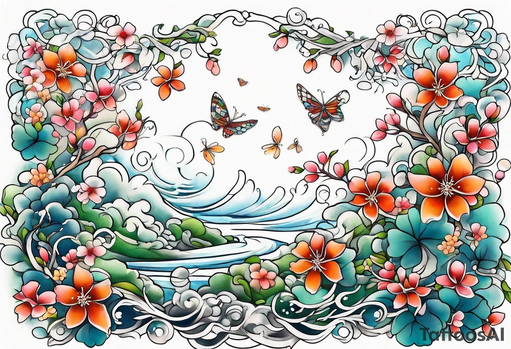 Winding branches and leaves and tiny flowers with a small moth and bubbles tattoo idea