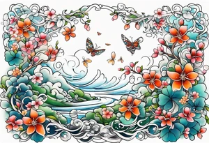 Winding branches and leaves and tiny flowers with a small moth and bubbles tattoo idea