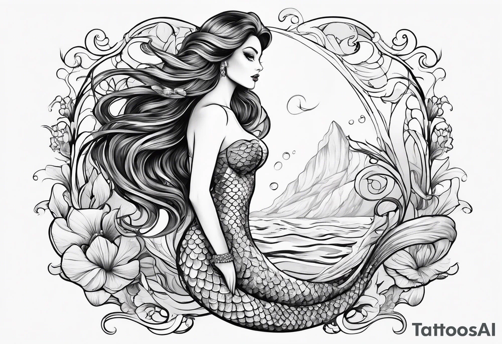 sexy full bodied mermaid with flowing tail and hair, tattoo sleeve tattoo idea