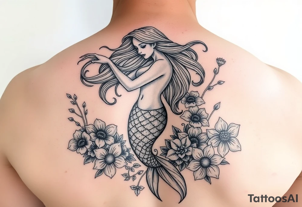 ethereal mermaid with flowing hair among coral and sea flowers tattoo idea