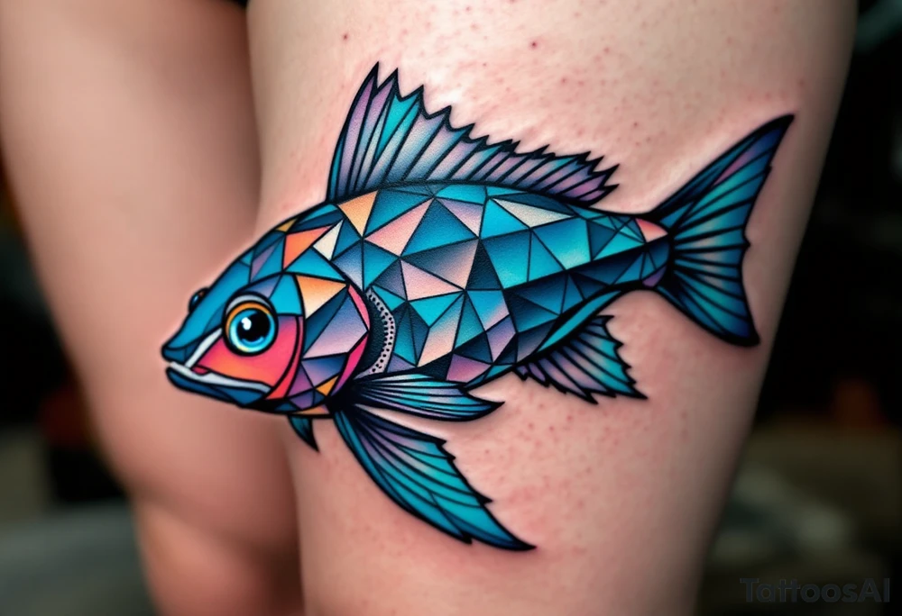 Geometric Catfish – A catfish formed with sharp angular segments in gradient shades of blue, fins segmented with triangle patterns, and a dotwork water base. tattoo idea