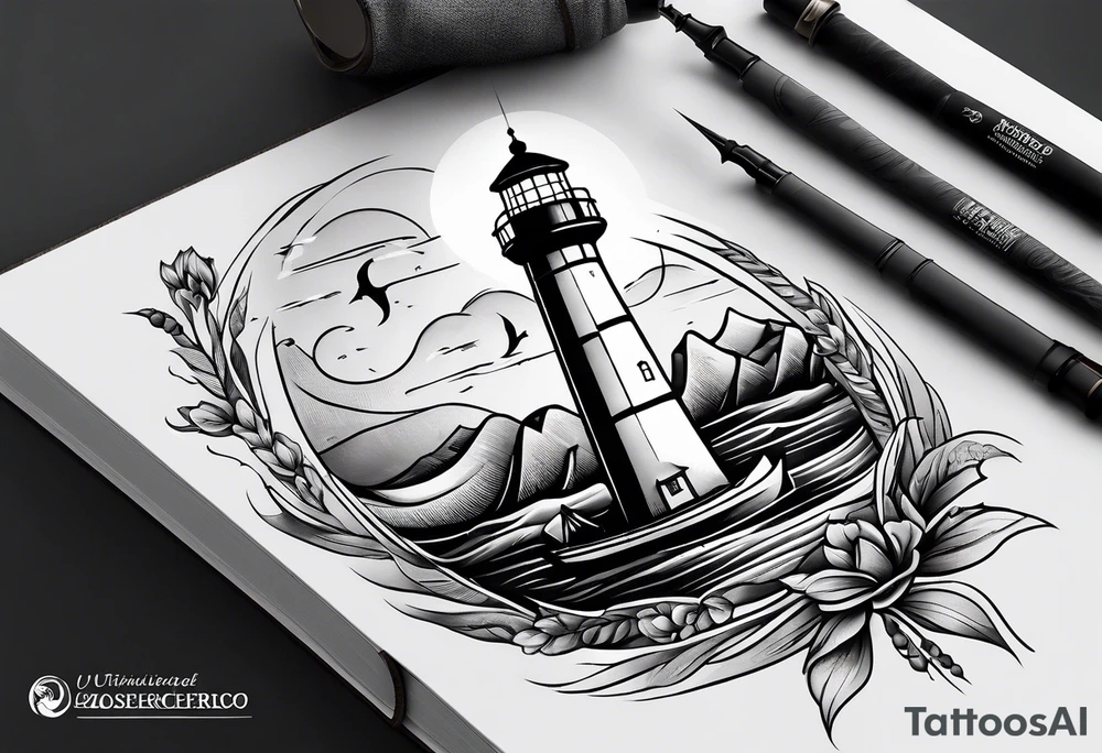 lighthouse shining light onto open book and a compass to wrap around forearm tattoo idea
