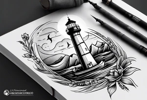 lighthouse shining light onto open book and a compass to wrap around forearm tattoo idea