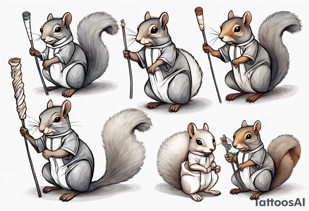 a grey squirrel dressed in a tunic holding a large white stick tattoo idea