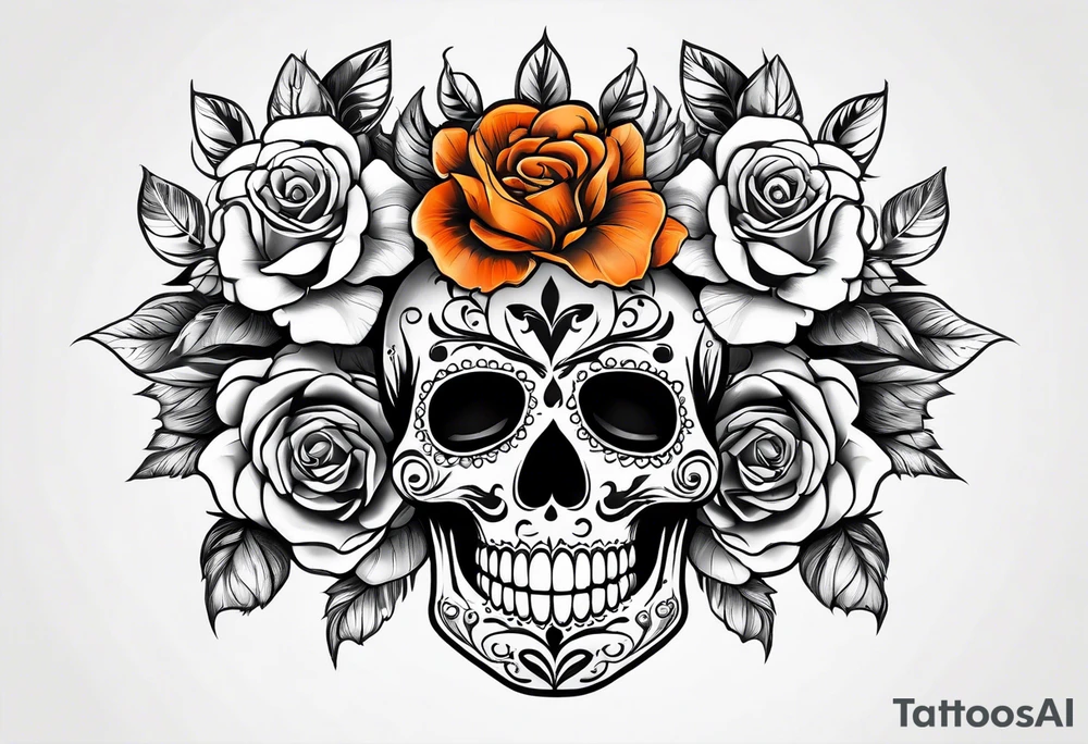 Sugar skull with roses that are orange and black tattoo idea