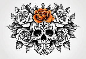 Sugar skull with roses that are orange and black tattoo idea