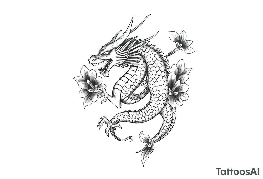 un dragon central entouré de fleurs de lys de style avec des ombrages dans un style assez fin tattoo idea