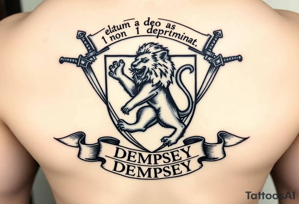 A rampant lion in between two swords surrounded by a shield. Above it are the words "elatum a deo non deprimat" inside on an outstretched scroll. And at the bottom it will say "DEMPSEY" inside of an outstretched scroll tattoo idea
