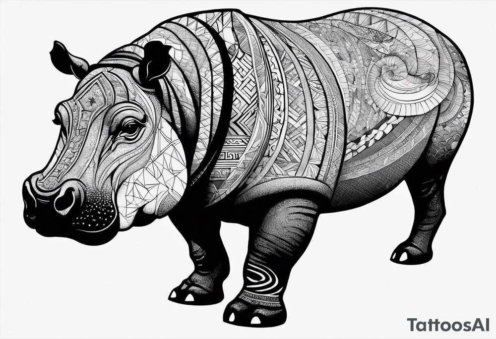 Asymmetrical, geometric, chinese ink art touch, hippo , full moon, tribal, orientation portrait tattoo idea